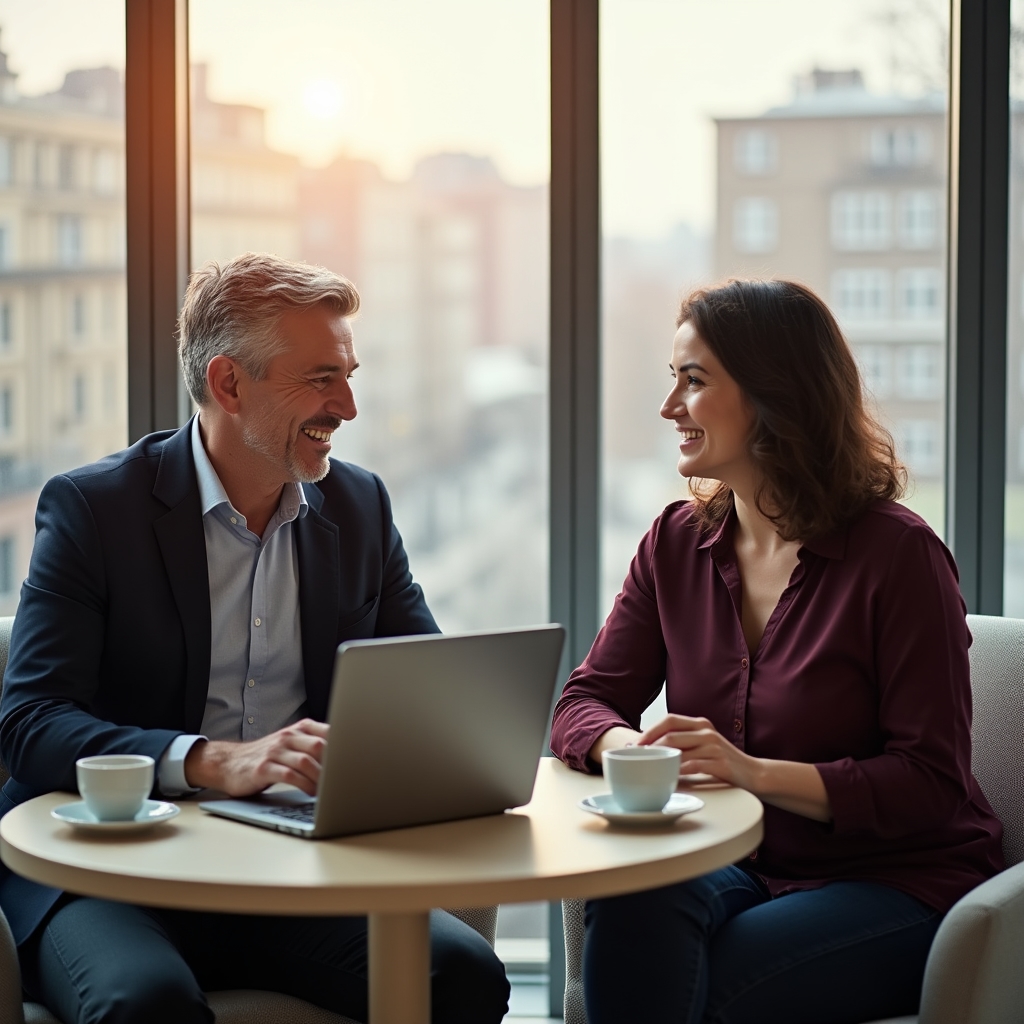 Consultant și client discutând relaxat la masă cu laptopuri deschise