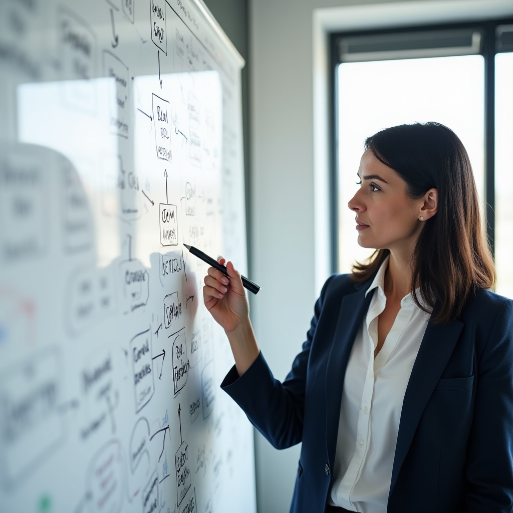 Consultant cartografiind sursele de date ale unei companii mici pe tablă albă